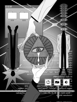 2boys benkdjjituibot black_coat black_shirt censored censored_identity coat covered_face crying crying_with_eyes_open eye_of_providence highres holding icon_(computing) infinity_symbol kim_dokja multiple_boys omniscient_reader&#039;s_viewpoint programming shirt tears too_many_eyes upside-down white_coat window_(computing) yoo_joonghyuk