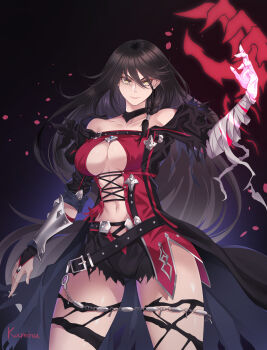 Rule 34 | 1girl, absurdres, bandaged arm, bandages, bare shoulders, belt, black belt, black bridal gauntlets, black choker, black hair, braid, breasts, bridal gauntlets, center opening, choker, closed mouth, collarbone, commentary, commission, cowboy shot, english commentary, hair between eyes, hand up, highres, kamina (kamin789), large breasts, long hair, looking at viewer, navel, red shirt, shirt, shorts, side braid, sidelocks, signature, single bridal gauntlet, single vambrace, solo, standing, stomach, tales of (series), tales of berseria, thighhighs, torn clothes, torn shorts, torn thighhighs, underboob, vambraces, velvet crowe, very long hair, yellow eyes