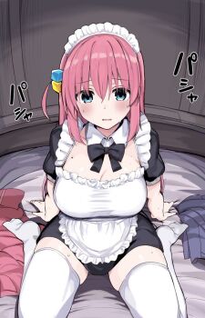 1girl alternate_costume apron aqua_eyes bed_sheet black_bow black_bowtie black_dress blush bocchi_the_rock! bow bowtie breasts cleavage collar collarbone commentary_request cube_hair_ornament detached_collar dress enmaided fisheye gotoh_hitori grey_skirt hair_between_eyes hair_ornament highres indoors jacket large_breasts long_hair maid maid_headdress md5_mismatch nervous no_shoes one_side_up open_mouth pink_hair pink_jacket resolution_mismatch rouka_(akatyann) short_sleeves sitting skirt solo source_larger sweat thighhighs thighs track_jacket translation_request unworn_jacket unworn_skirt wariza white_apron white_collar white_headdress white_thighhighs