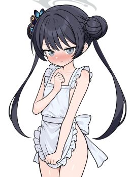1girl apron black_hair blue_archive blush breasts butterfly_hair_ornament closed_mouth cowboy_shot grey_eyes hair_ornament highres kisaki_(blue_archive) long_hair looking_at_viewer naked_apron no_bra no_panties shishiejo_(sisieho1) simple_background small_breasts solo standing twintails very_long_hair white_apron white_background