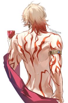 1boy arm_tattoo armlet back back_tattoo blonde_hair blue_gemstone chinese_commentary commentary_request completely_nude cup dimples_of_venus drinking_glass from_behind gem gradient_hair grey_background highres holding holding_cup honkai:_star_rail honkai_(series) jewelry male_focus medium_hair multicolored_hair mydei_(honkai:_star_rail) nude red_hair red_tattoo simple_background solo sweat tattoo twitter_username wine_glass xiaozongcai521