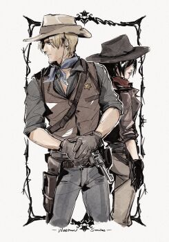 1boy 1girl ada_wong arnyrisk back-to-back belt black_hair blonde_hair blue_pants blue_scarf blue_shirt brown_gloves brown_jacket brown_pants brown_vest closed_mouth commentary cowboy_hat cowboy_shot cowboy_western cropped_legs denim english_commentary gloves gun handgun hat highres holding holding_gun holding_weapon jacket jeans leon_s._kennedy looking_to_the_side pants red_lips red_scarf resident_evil revolver scarf sheriff_badge shirt short_hair vest weapon