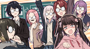 6+girls :o akashi_maho bangs_pinned_back bear_hair_ornament black_hair black_jacket brown_hair brown_sweater_vest closed_mouth coke-bottle_glasses collared_shirt colored_tips commentary_request d4dj fake_facial_hair fake_mustache glasses grey_sweater hair_ornament hand_on_own_chin hidaka_saori highres hood hoodie inuyose_shinobu izumo_saki jacket kaibara_michiru kasuga_haruna long_hair long_sleeves miyake_aoi multicolored_hair multiple_girls open_clothes open_jacket pink_hair pink_hoodie purple_hair red_hair shaded_face shirt short_hair sparkle star_(symbol) star_hair_ornament stroking_own_chin sweatdrop sweater sweater_vest twintails v-neck white_hair white_shirt yukitake_(bullfalk)