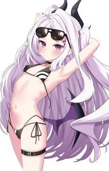 1girl absurdres ahoge alternate_costume armpits arms_up bare_shoulders bat_wings bikini black_bikini black_choker blue_archive blush breasts choker cosplay demon_girl demon_wings eyewear_on_head flat_chest hair_ornament highres hina_(blue_archive) horns iori_(blue_archive) iori_(blue_archive)_(cosplay) iori_(swimsuit)_(blue_archive) loli long_hair looking_at_viewer low_wings multi-strapped_bikini_bottom navel open_clothes otakummm purple_eyes revision side-tie_bikini_bottom simple_background solo string_bikini striped_bikini striped_clothes sunglasses swimsuit thigh_strap untied_bikini very_long_hair white_background white_hair wings