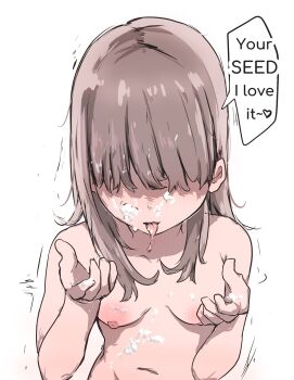 1girl bad_anatomy breasts brown_hair completely_nude cum cum_in_mouth cum_on_body cum_on_breasts cum_on_hair cum_on_upper_body english_text facial finger_gun hair_over_eyes heart highres ioxat long_hair motion_lines navel nipples nude original simple_background small_breasts solo speech_bubble tongue tongue_out uncensored white_background