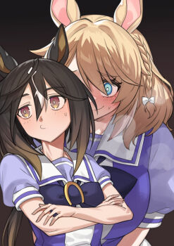 2girls absurdres animal_ears bare_arms black_hair blonde_hair blush bow braid breath bright_pupils brown_eyes brown_hair closed_mouth commentary_request crossed_arms fukuro_(maruaru00) gradient_background gradient_eyes grey_hair hair_between_eyes hair_bow height_difference highres horse_ears leaning_forward long_hair looking_at_another looking_to_the_side low-tied_long_hair mole mole_under_eye multicolored_eyes multicolored_hair multiple_girls original personification puckered_lips raised_inner_eyebrows school_uniform shirt short_sleeves side_braid single_braid smile soccer_boy_(racehorse) staring stay_gold_(umamusume) sweat tracen_school_uniform umamusume upper_body very_long_hair white_bow white_pupils