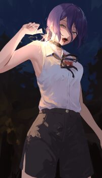 1girl absurdres black_choker black_shorts blood blood_from_mouth blood_on_clothes chainsaw_man choker collared_shirt eru_aise green_eyes grenade_pin hair_between_eyes highres imminent_explosion looking_at_viewer neck_ribbon purple_hair reze_(chainsaw_man) ribbon shirt shirt_tucked_in shorts sleeveless sleeveless_shirt solo sparks white_shirt