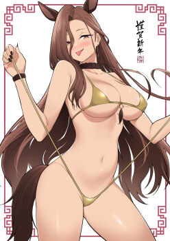 animal_ears bikini blush breasts brown_eyes brown_hair character_request chinese_zodiac commentary_request cowboy_shot earrings gold_bikini highres hoop_earrings horse_ears horse_tail imaizumin-chi_wa_douyara_gal_no_tamariba_ni_natteru_rashii jewelry long_hair medium_breasts nori_gorou swimsuit tail tongue tongue_out very_long_hair year_of_the_horse