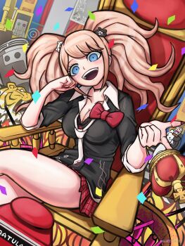1girl :d absurdres aruke_(gter7727) bear_hair_ornament black_choker black_shirt blonde_hair blue_eyes bow breasts choker cleavage collarbone danganronpa:_trigger_happy_havoc danganronpa_(series) enoshima_junko hair_ornament highres large_breasts long_hair looking_at_viewer miniskirt monokuma nail_polish necktie open_mouth red_bow red_nails shirt skirt smile solo teeth throne tiger twintails