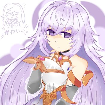 1girl bare_shoulders cleavage_cutout closed_mouth clothing_cutout empty_eyes grimms_notes hand_up highres kagami_sei_no_kote_(grimms_notes) long_hair looking_at_viewer magic_mirror_(grimms_notes) multiple_views otsusanso_30 purple_eyes purple_hair solo upper_body very_long_hair