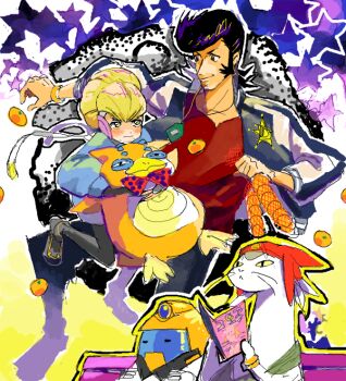 Rule 34 | adelie (space dandy), alien, bad drawr id, bad id, blush, dandy (space dandy), meow (space dandy), nemakkki, oekaki, on bench, pompadour, qt (space dandy), space dandy, stuffed animal, stuffed toy