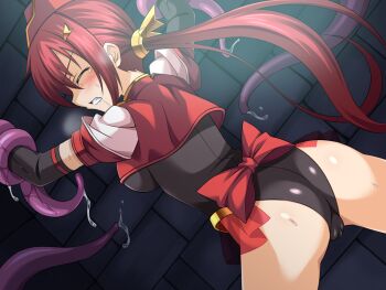 1girl aoi_masami asamiya_minami ass blush breasts cameltoe clenched_teeth closed_eyes elbow_gloves from_behind game_cg gloves hat imminent_rape knight_ignis large_variant_set leotard long_hair magical_girl medium_breasts non-web_source official_art ponytail red_hair restrained solo sweat teeth tentacles ts_magical_girl_nao variant_set