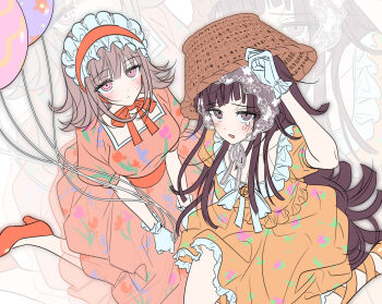 Rule 34 | 2girls, :o, balloon, black hair, blush, breasts, brown hair, danganronpa (series), danganronpa 2: goodbye despair, dress, gloves, headdress, highres, holding, holding balloon, large breasts, long hair, looking at viewer, medium hair, mole, mole under eye, multiple girls, nanami chiaki, neck ribbon, official alternate costume, pink dress, pink eyes, ribbon, shoes, sitting, tearing up, tsumiki mikan, vo1ez, white gloves, yellow dress