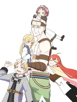 2boys 3girls ahoge aisha_greyrat bald bandana brother_and_sister cloak closed_eyes coat eris_greyrat green_eyes hand_on_another&#039;s_head headpat highres hug maid mary_janes mole mole_under_eye multiple_boys multiple_girls mushoku_tensei norn_greyrat ponytail red_hair rudeus_greyrat ruijerd_superdia scar scar_on_face shoes siblings timushokutensei white_background