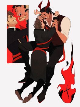 2boys alternate_universe arms_up beard_stubble black_hair black_pants black_robe black_shoes brown_eyes brown_hair clenched_teeth collared_robe collared_shirt demon_boy demon_horns demon_tail dingnin98201637 facial_hair highres horns layered_sleeves male_focus marvel miguel_o&#039;hara multiple_boys open_collar open_mouth pants peter_b_parker pointy_ears popped_collar priest red_eyes red_horns red_vest robe shirt shoes sleeves_rolled_up spider-man:_across_the_spider-verse spider-man_(series) spider-verse stubble tail tail_wrap teeth vest white_background white_shirt