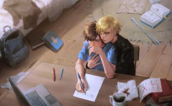 2boys backpack bag bill_cipher blonde_hair blush book brown_eyes brown_hair computer dipper_pines earrings gravity_falls highres jewelry laptop lips male_focus multiple_boys nose painterly paper personification realistic ruler shirt short_hair sitting sitting_on_person slit_pupils smile suikamelony unworn_backpack unworn_bag writing yaoi yellow_eyes