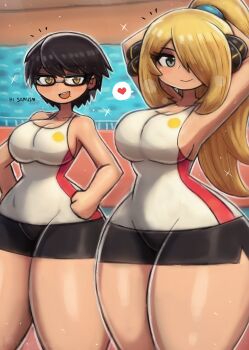 2girls arms_behind_head arms_up audience bayonetta bayonetta_(series) bayonetta_3 bike_shorts black_bike_shorts black_eyes black_hair blonde_hair blush breasts cleavage collarbone crossover crowd cynthia_(pokemon) glasses hair_ornament hair_over_one_eye hands_on_own_hips heart high_ponytail large_breasts long_hair looking_at_viewer metroid mole mole_under_mouth multiple_girls nintendo open_mouth pokemon pokemon_dppt ponytail running_track samus_aran shirt short_hair sleeveless sleeveless_shirt smile sparkle speech_bubble spoken_heart standing teeth thick_thighs thighs tony_welt track_and_field white_shirt wide_hips yellow_eyes