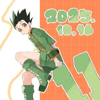 1boy beer611gold belt black_belt boots brown_eyes dated gon_freecss green_boots green_hair green_jacket green_shorts grid_background highres hunter_x_hunter jacket male_focus numbered outline short_hair shorts solo spiked_hair white_outline