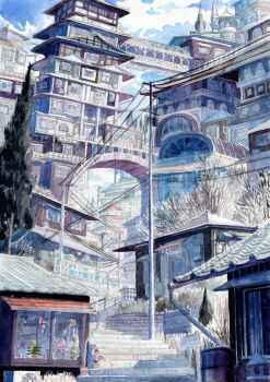 blue_sky bridge building cloud cloudy_sky commentary_request day highres kyuui no_humans original outdoors painting_(medium) pedestrian_bridge power_lines scenery sky stairs traditional_media tree utility_pole watercolor_(medium)