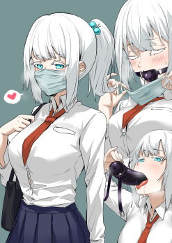1girl absurdres aqua_eyes ball_gag bdsm blue_eyes blue_skirt breast_pocket breasts collared_shirt colored_eyelashes dawalixi dildo_gag dildo_reveal dildo_under_mask gag gag_under_mask gagged gagged_(willingly) hair_between_eyes heart highres large_breasts long_hair mask mask_pull meme mouth_mask necktie open_mouth original pleated_skirt pocket red_necktie removing_gag restrained saliva saliva_trail shirt short_hair sidelocks simple_background skirt solo spoken_heart standing surgical_mask ungagged unworn_gag white_hair white_shirt wiffle_gag wing_collar