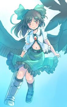 1girl arm_cannon armored_boots belt black_belt black_hair black_shoes black_socks black_wings blue_background blush boots bow collared_shirt commentary_request feathered_wings frilled_shirt_collar frills full_body gradient_background green_bow green_skirt hair_bow kneehighs long_hair midriff one-hour_drawing_challenge open_clothes open_shirt orange_eyes partially_unbuttoned ponytail puffy_short_sleeves puffy_sleeves rangycrow reiuji_utsuho shirt shoes short_sleeves skirt smile socks solo split_mouth third_eye_on_chest touhou weapon white_shirt wings
