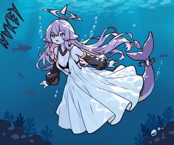 1girl air_bubble artist_name black_bra bra breasts bubble cleavage colored_skin commentary commentary_request detached_sleeves dress english_commentary eyelashes fins fish fish_tail full_body german_commentary grey_skin hair_between_eyes halo highres indie_virtual_youtuber long_hair megalodon_(vtuber) mixed-language_commentary open_mouth purple_eyes purple_hair purple_pupils shark_girl shark_tail smile solo star-shaped_pupils star_(symbol) symbol-shaped_pupils tail underwater underwear virtual_youtuber white_dress yekun_(nukey)