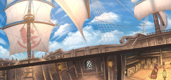 barrel blue_sky cannon cloud commentary_request cross-section door highres lantern mast nagi_itsuki no_humans original pixiv_fantasia pixiv_fantasia_age_of_starlight railing scenery ship_interior sky stairs treasure_chest watercraft window
