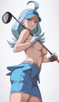 1girl absurdres ahoge ass bare_shoulders blue_eyes blue_hair blue_hat blue_skirt breasts closed_mouth convenient_censoring cowboy_shot flipped_hair gloves golf_club hat highres holding holding_golf_club kahili_(pokemon) large_breasts long_hair looking_at_viewer mole mole_under_eye navel nintendo pencil_skirt pokemon pokemon_sm shirt simple_background skirt solo stomach topless_female visor_cap vivivoovoo white_gloves
