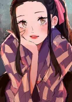 1girl black_hair blush brown_eyes commentary earrings eyelashes hair_ribbon highres japanese_clothes jewelry kimono looking_at_viewer nico_robin one_piece pearl_earrings pink_lips pink_ribbon ponytail ria_(917_ria) ribbon sidelocks solo symbol-only_commentary wide_sleeves
