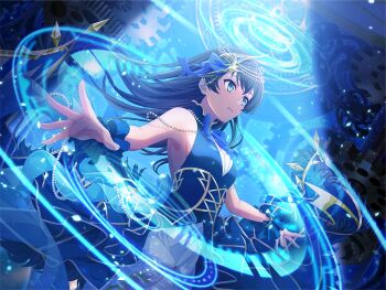 Rule 34 | 1girl, black dress, black hair, blue bow, blue bowtie, blue eyes, bow, bowtie, breasts, dress, floating hair, frilled dress, frills, game cg, gears, headpiece, jewelry, kagura hikari, layered dress, long hair, magic circle, official art, outstretched arms, ribbon, shoujo kageki revue starlight, shoujo kageki revue starlight -re live-, sleeveless, sleeveless dress, small breasts, solo, spotlight, standing, tarot, the tower (tarot), upper body, wrist ribbon