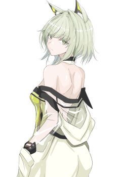1girl absurdres animal_ear_fluff animal_ears arknights bare_shoulders closed_mouth commentary_request cowboy_shot dress green_dress green_eyes green_hair grey_dress highres kal&#039;tsit_(arknights) ken_(shutenndouji1) long_sleeves looking_at_viewer off_shoulder see-through_clothes see-through_sleeves short_hair solo standing turning_head
