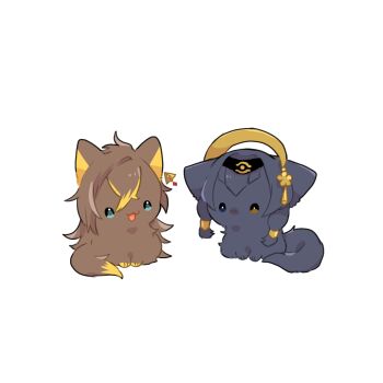 Rule 34 | :3, :d, animal, animal focus, animal with hair, animalization, blonde streaks, blue eyes, blue hair, bright pupils, brown hair, candace (genshin impact), cat, commentary request, dehya (genshin impact), genshin impact, heterochromia, highres, multicolored hair, nasuka gee, no humans, open mouth, simple background, smile, streaked hair, v-bangs, white background, white pupils, yellow eyes