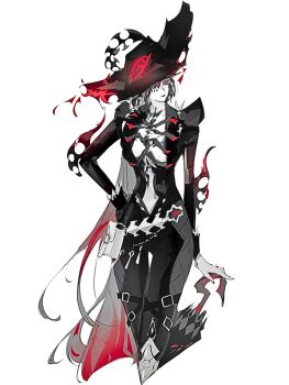 1girl belt black_bodysuit black_hair black_hat black_lips bodysuit breasts cleavage cowboy_shot gloves grey_eyes hand_on_own_hip hand_on_umbrella hat hat_over_one_eye highres jyouu9s large_breasts large_hat lilith:_daemonissa_(roulette_of_stolen_time)_(pgr) lilith_(pgr) limited_palette long_hair looking_at_viewer mark_under_eye multicolored_hair official_alternate_costume punishing:_gray_raven red-eye_effect red_hair simple_background smile solo two-tone_hair two-tone_hat umbrella white_gloves