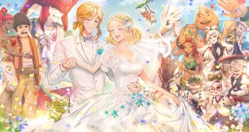 6+boys 6+girls alternate_costume blonde_hair blue_eyes blush bolson_(zelda) bow bowtie character_request closed_eyes creature dark-skinned_female dark_skin dress formal_clothes gerudo hashtag-only_commentary highres holding_hands hudson_(zelda) impa kkamang_egg korok link long_sleeves looking_at_another multiple_boys multiple_girls nintendo old old_woman paya_(zelda) petals pointy_ears princess_zelda purah purah_(young) purple_bow purple_bowtie red_hair riju robbie_(zelda) sheikah sidon smile suit teba_(zelda) the_legend_of_zelda the_legend_of_zelda:_breath_of_the_wild the_legend_of_zelda:_tears_of_the_kingdom wedding wedding_dress white_dress white_suit yunobo