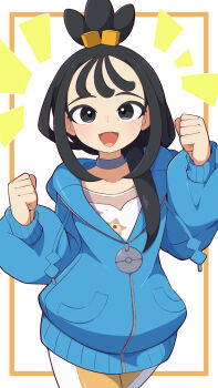 1girl :d absurdres afuron black_hair blue_hoodie choker clenched_hands collarbone commentary_request cowboy_shot cube_hair_ornament hair_ornament hands_up happy highres hood hood_down hoodie leggings lida_(pokemon) long_hair long_sleeves looking_at_viewer nintendo notice_lines open_mouth pokemon pokemon_legends:_z-a print_shirt shirt smile solo tassel topknot white_background white_shirt zipper_pull_tab