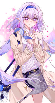 1girl aran_sweater bag belt blue_hairband brown_jacket cable_knit castorice_(honkai:_star_rail) castorice_(luckin_coffee)_(honkai:_star_rail) closed_mouth commentary_request grey_skirt hair_between_eyes hairband hands_up highres honkai:_star_rail honkai_(series) jacket kinona looking_at_viewer multicolored_hair official_alternate_costume open_clothes open_jacket own_hands_together pointy_ears purple_belt purple_eyes purple_hair shoulder_bag skirt sleeves_past_wrists smile solo standing sweater two-tone_hair white_sweater