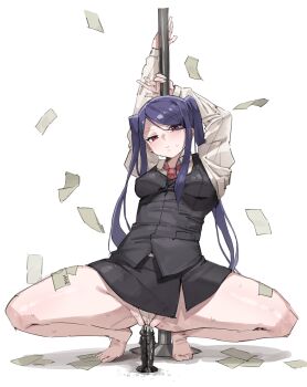 1girl absurdres arms_up banknote barefoot blush breasts dildo highres jill_stingray long_hair looking_at_viewer medium_breasts money panties partially_visible_vulva pencil_skirt pole pole_dancing purple_hair red_eyes sex_toy skirt solo spread_legs squatting stripper_pole sweat tiptoes twintails underwear uuuron_cha va-11_hall-a vest white_panties