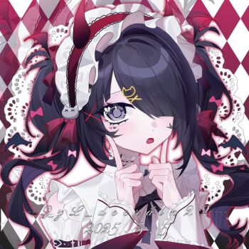 Rule 34 | 1girl, ame-chan (needy girl overdose), argyle background, black eyes, bow, collar, dated, demon horns, detached sleeves, frilled collar, frilled sleeves, frills, ghost hair ornament, hair bow, hair ornament, hair over one eye, highres, horns, lace, looking at viewer, maid headdress, multiple hair bows, neck ribbon, needy girl overdose, pointing, pointing up, ribbon, short twintails, shoulder belt, sidelocks, solo, twintails, upper body, x hair ornament, xi69386500