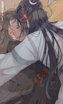 2boys alternate_hairstyle amana_raika black_hair black_hanfu blue_sash blush brown_hair chinese_clothes closed_eyes closed_mouth cloth_gag coat crying ear_blush gag gagged grey_coat hair_down hair_ribbon hanfu highres hug improvised_gag lan_wangji light_particles long_hair long_sleeves lying male_focus modao_zushi multiple_boys official_alternate_costume on_back on_floor open_clothes open_coat red_sash ribbon robe sash smoke sweat tears topknot twitter_username wei_wuxian wei_wuxian_(yiling_laozu) white_hanfu white_ribbon wide_sleeves wooden_floor
