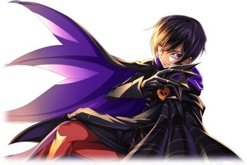 1boy artist_request black_boots black_coat black_gloves black_hair boots cape closed_mouth coat code_geass code_geass:_lost_stories crossed_legs from_above from_side game_cg gloves halloween hand_on_own_thigh hand_up happy highres holding holding_mask hood hood_down hooded_cape knee_boots lelouch_vi_britannia long_sleeves looking_at_viewer male_focus mask masquerade_mask non-web_source official_art pants purple_cape purple_eyes red_pants short_hair sidelocks simple_background sitting smile solo transparent_background two-sided_fabric v-shaped_eyebrows