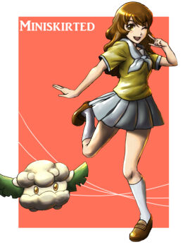 1girl ;d bare_arms blush breasts brown_eyes brown_footwear brown_hair cottonee english_text eyelashes facing_viewer floating full_body gen_5_pokemon grey_skirt hair_between_eyes kneehighs kurii_chasuke lass_(pokemon) lass_(pokemon_bw) leaf leg_up loafers long_hair miniskirt nintendo npc_trainer one_eye_closed open_mouth pleated_skirt pokemon pokemon_(creature) pokemon_bw school_uniform serafuku shirt shoes short_sleeves skirt small_breasts smile socks standing standing_on_one_leg tareme teeth text_focus tongue v v_over_eye wavy_hair white_socks yellow_shirt
