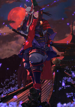 1girl absurdres architecture armor black_hair black_hat breasts east_asian_architecture fate/grand_order fate_(series) fox_mask full_moon gloves glowing glowing_eyes grey_gloves grey_pants grin hair_bun hat headband highres japanese_armor katana kote long_hair long_sleeves looking_at_viewer mask medium_breasts moon neko_no_kedama night pants parted_bangs pelvic_curtain purple_eyes purple_lips red_moon shoulder_armor side_ponytail sidelocks single_side_bun sky smile sode solo suneate sword taira_no_kagekiyo_(fate) taira_no_kagekiyo_(first_ascension)_(fate) ushiwakamaru_(fate) very_long_hair weapon