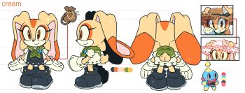 1girl 1other absurdres alternate_costume animal_ears black_shoes bow bowtie brown_eyes chao_(sonic) cheese_(sonic) child chinese_commentary commentary_request cream_the_rabbit dress furry furry_female gloves green_neckerchief highres kaob1112 multiple_views neckerchief neutral_chao rabbit_ears rabbit_girl rabbit_tail red_bow red_bowtie reference_sheet shoes simple_background smile sonic_(series) tail turnaround white_background white_gloves