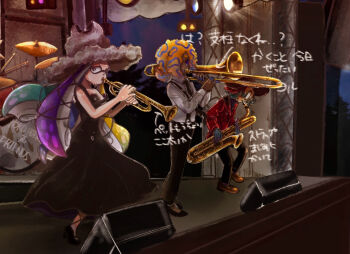 Rule 34 | 3girls, aqua hair, black dress, black necktie, black pants, blonde hair, collared shirt, concert, dress, drum, drum set, grey hat, hat, holding, holding instrument, holding saxophone, holding trombone, instrument, multicolored hair, multiple girls, music, necktie, nintendo, orange hair, pants, patterned hair, plaid clothes, plaid shirt, playing instrument, purple hair, red shirt, saxophone, shirt, splatoon (series), splatoon 3, stage, strap slip, suspenders, sweat, tao blu, tentacle hair, tosh (splatoon), trombone, white shirt, wildcard1 4, yoko (splatoon)
