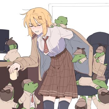 1girl absurdres addendium alligator blonde_hair blue_eyes chair crocodilian cup deerstalker gaming_chair hair_ornament hat headphones highres hololive hololive_english investigator_(watson_amelia) long_sleeves necktie plaid_clothes plaid_skirt pocket red_necktie shirt short_hair skirt swivel_chair thighhighs virtual_youtuber watson_amelia watson_amelia_(1st_costume) white_shirt