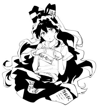 1girl bow bracelet commentary_request cropped_legs greyscale hair_bow highres hood hoodie index_fingers_together jewelry long_hair midriff_peek monochrome natsume_(menthol) navel parted_lips short_sleeves skirt solo tearing_up touhou white_background yorigami_shion