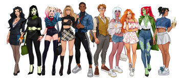 2boys 6+girls abs absurdres adidas alternate_costume asami_sato atlantis:_the_lost_empire avatar_legends batman_(series) black_hair black_hairband black_nails black_thighhighs blonde_hair blue_eyes blue_hair blue_jacket bracelet breasts brown_hair choker cleavage contemporary crop_top crop_top_overhang crossover cutoffs dark-skinned_male dark_skin dc_comics dress earrings glasses green_eyes green_jacket green_lips gwen_stacy hairband harley_quinn high_heels highres hoop_earrings jacket jacket_on_shoulders jewelry kidagakash kim_possible kim_possible_(series) korra long_hair looking_at_viewer medium_breasts miles_morales milo_james_thatch multicolored_hair multiple_boys multiple_crossover multiple_girls multiple_rings nail_polish navel necklace olena_minko open_clothes open_jacket orange_hair pants pantyhose parted_lips pencil_skirt pink_hair poison_ivy ponytail purple_lips red_hair ring shego short_hair simple_background skirt the_legend_of_korra thighhighs torn_clothes torn_pants track_pants twintails v very_long_hair vest watch white_background white_hair wristwatch