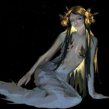 1girl absurdres aegyo_sal black_background black_eyes blonde_hair colored_tips glowing glowing_hair green_hair hair_ornament head_tilt highres long_sidelocks mermaid monster_girl multicolored_hair nude original painterly sidelocks simple_background solo twisted_torso twulfs