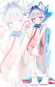 1girl absurdres animal_ear_fluff animal_ears animal_hands backpack bag blue_bow blue_eyes bow bowtie flat_chest gloves grey_hair hair_intakes heterochromia highres komugi-chan_(komugi) komugi_(2212) loli navel nipples nude original paw_gloves paw_shoes randoseru short_hair tail thighhighs white_thighhighs zoom_layer