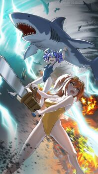 2girls animal blue_one-piece_swimsuit breasts brown_hair chainsaw cleavage covered_navel dajame fang flip-flops highleg highleg_one-piece_swimsuit highres holding holding_animal large_breasts lightning lilith-soft multicolored_hair multiple_girls official_art official_wallpaper one-piece_swimsuit phone_wallpaper purple_hair sandals shark skin_fang small_breasts smile swimsuit taimanin_(series) taimanin_rpgx twintails two-tone_hair victoria_esta wallpaper wide_hips yellow_one-piece_swimsuit